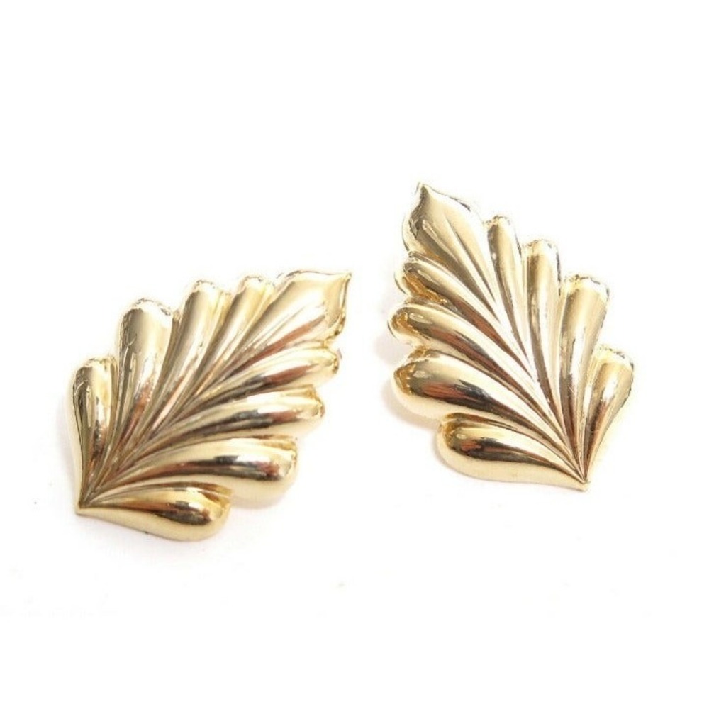 Vintage‎ Gold Plated Pretty Leaf Floral 23mm Pierced Earrings